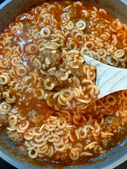 homemade spaghetti o's with beef meatballs
