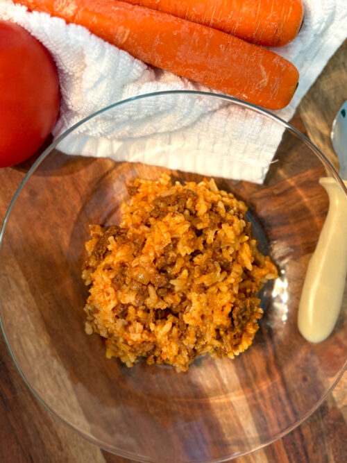 deconstructed meatball rice bowl with hidden veggies